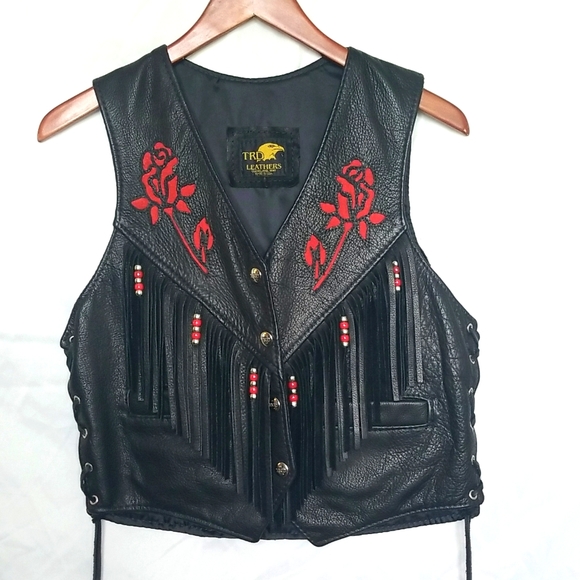 TRD Vintage Leather Vest With Roses and Beaded Fringe, Women Size Large. - Picture 9 of 16